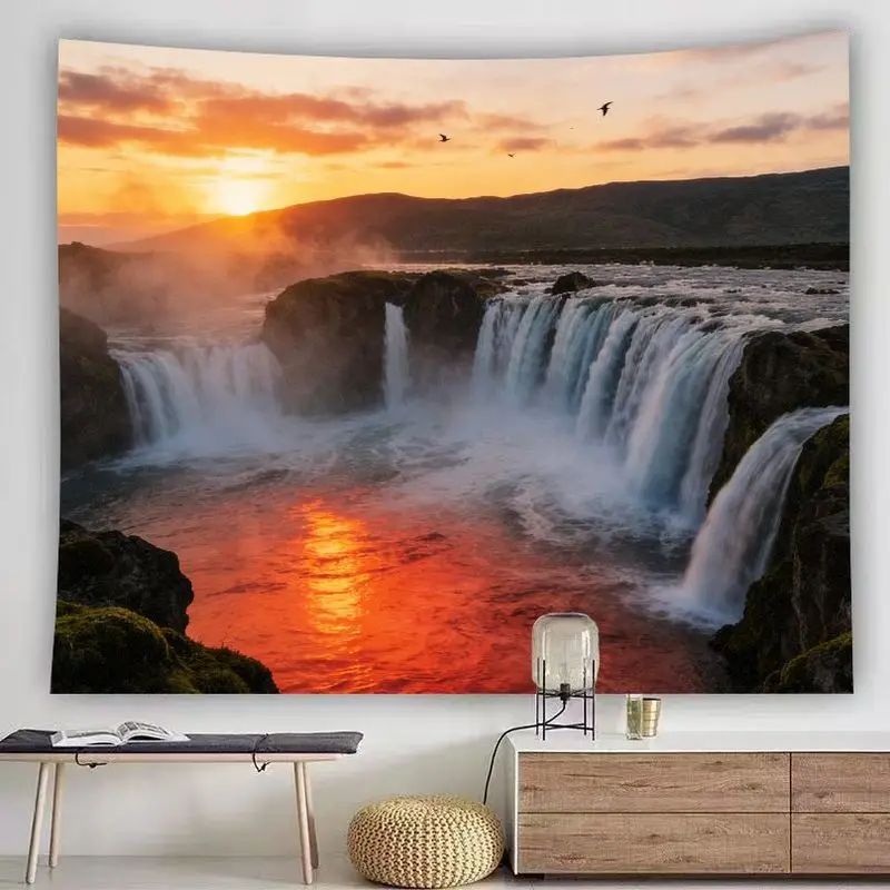 VIKAMA Realistic Nature Waterfall Sunset Tapestry, Rocky Cliff Cascade Orange Sky Wall Hanging Home Decor
