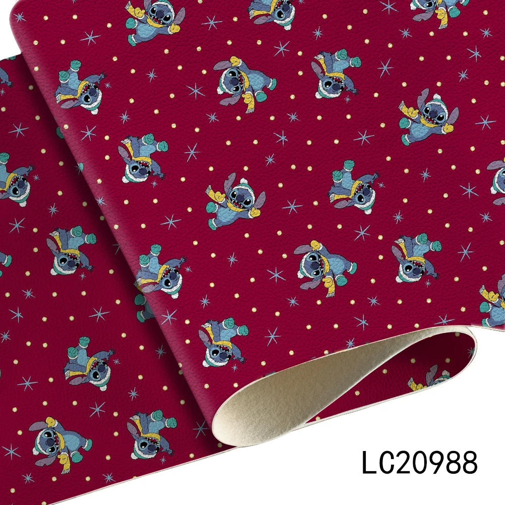 Cute Disney Stitch Cartoon Christmas Theme Custom Synthetic Faux Leather Sheet Lychee Printed 30*136CM