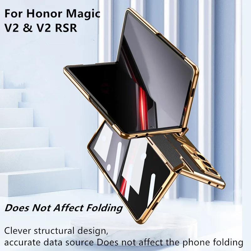 

For Honor Magic V2 V2 RSR Lychee Leather Full Package Hinge Protection Phone Case Come with Glass Front Film And Folding Bracket