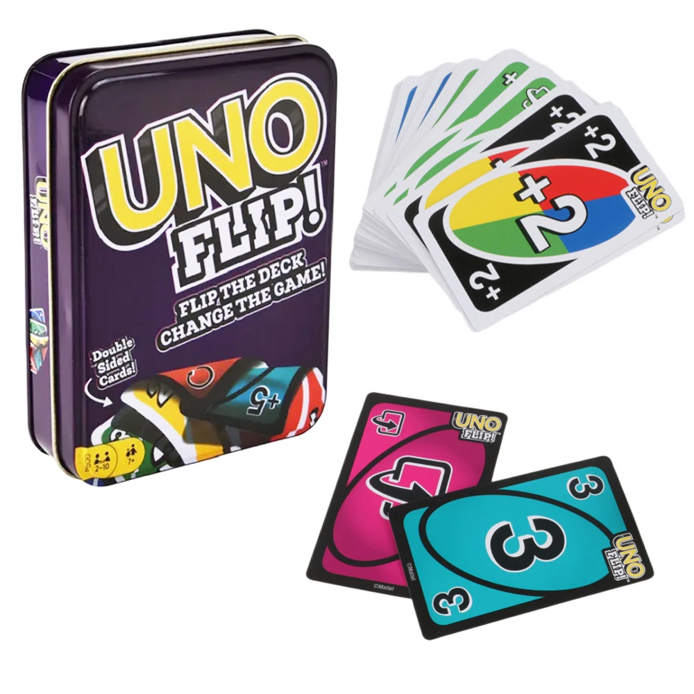 Mattel UNO FLIP! Tin Box Uno No mercy Card Games Family Funny Entertainment Board Game Poker Kids Toys Playing Card