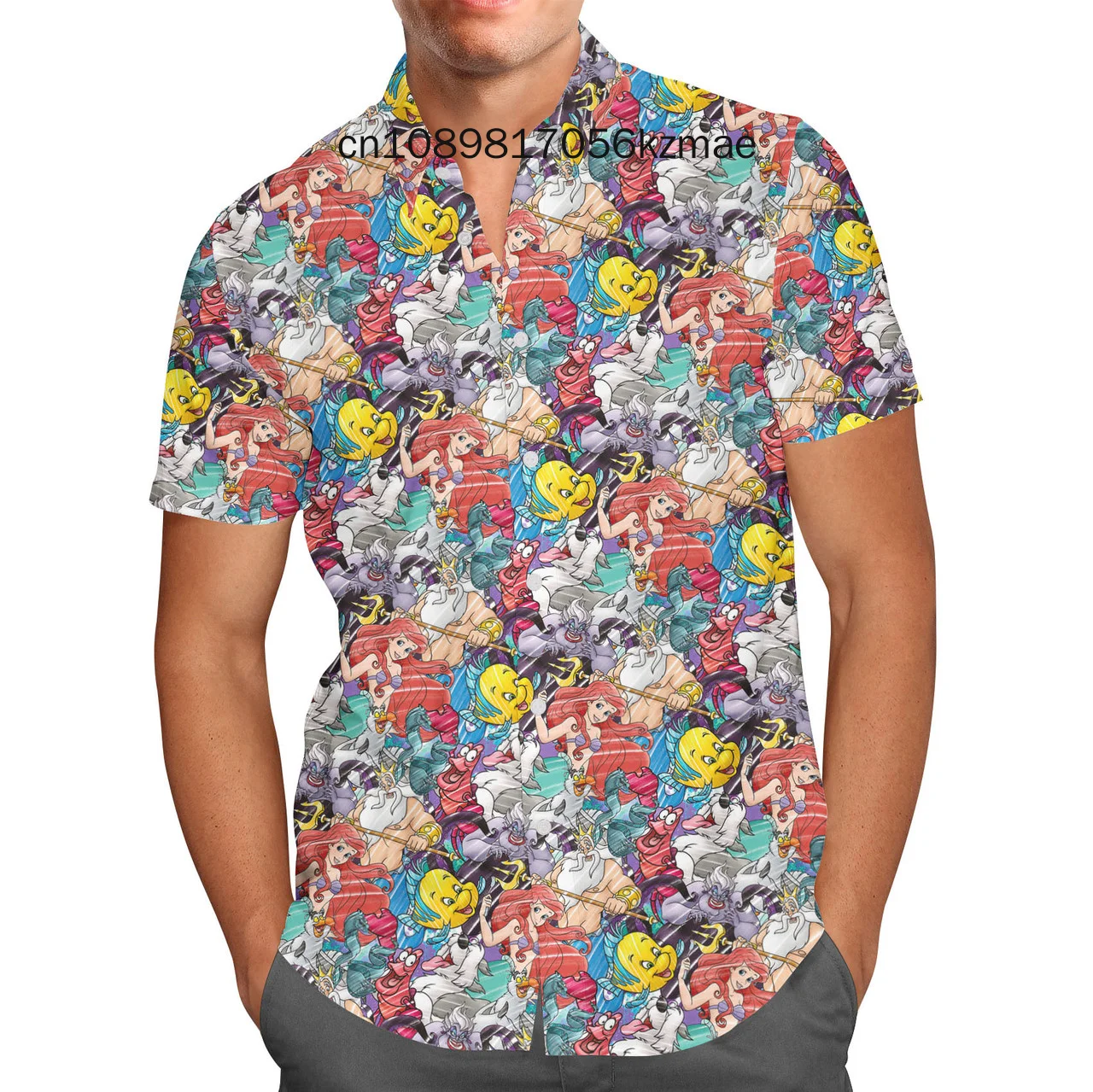 Homens e mulheres Disney, camisa havaiana esboçada pela Pequena Sereia, camisa de manga curta, moda verão, novo, 2024