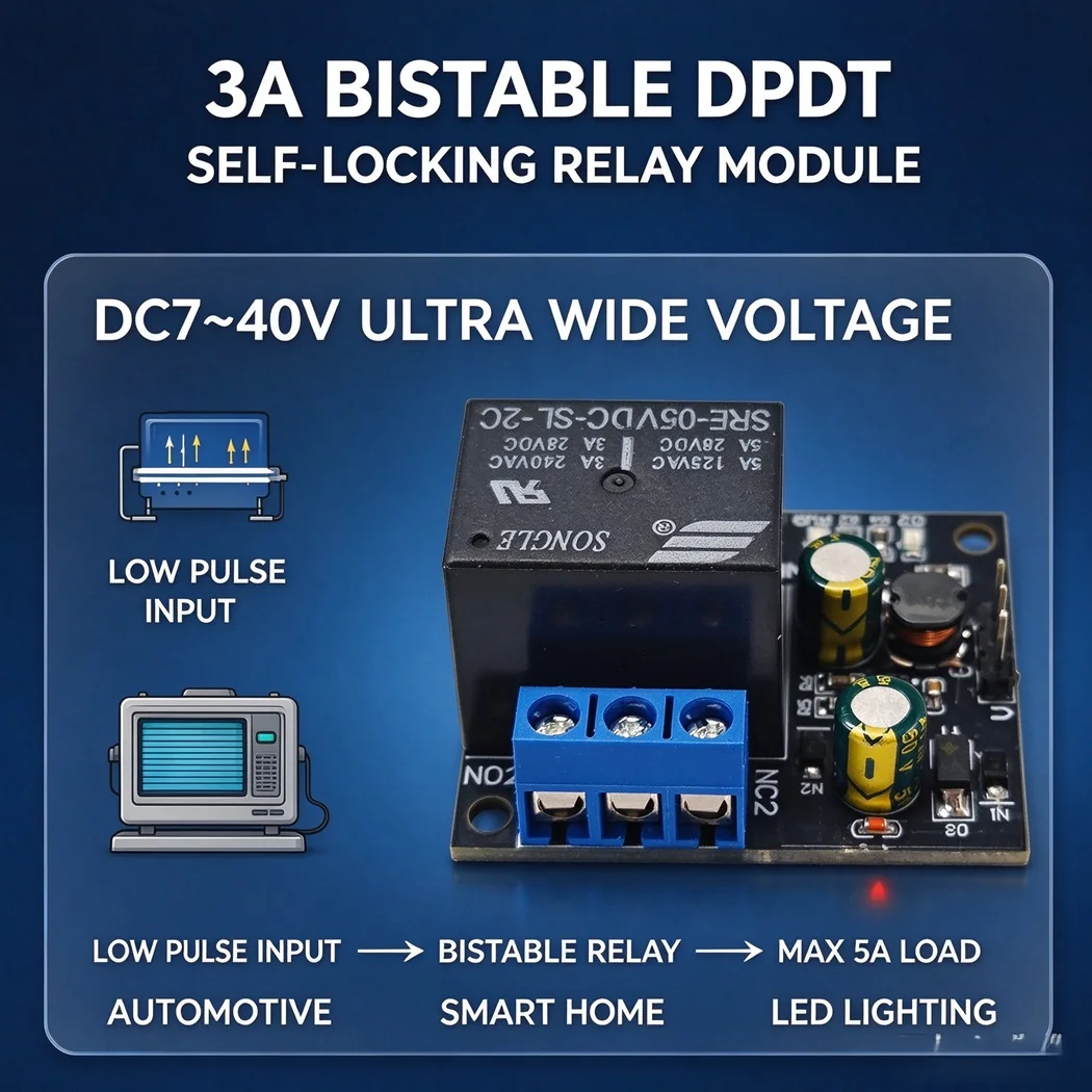 DPDT Bistable Self-locking Relay Controller DC7-40V Wide Voltage Low Pulse Trigger 5A Load Motor Control Module