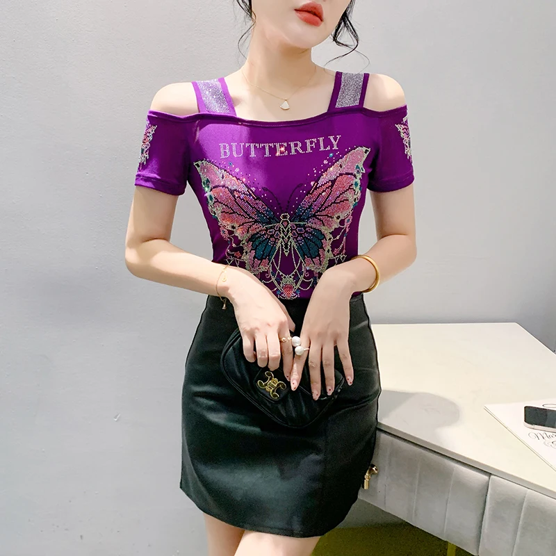 تيشيرتات شبكية ضيقة مكشوفة الكتفين لامعة للنساء ، تيشيرتات مصممة على شكل فراشة ، تيشيرتات فاخرة مثيرة ، صيف ، جديد #2