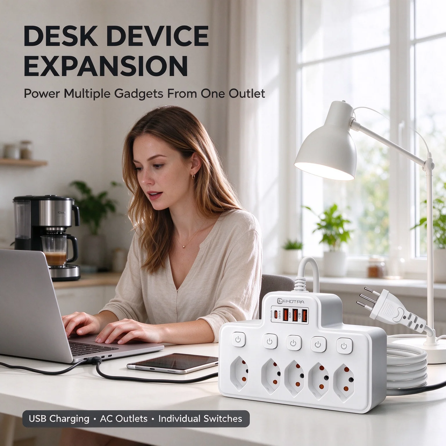 Switzerland Power Strip With Individual Switches 5 AC Outlets 4 USB Ports 1.8m Extension Cord 2500W For Home Office Dorm