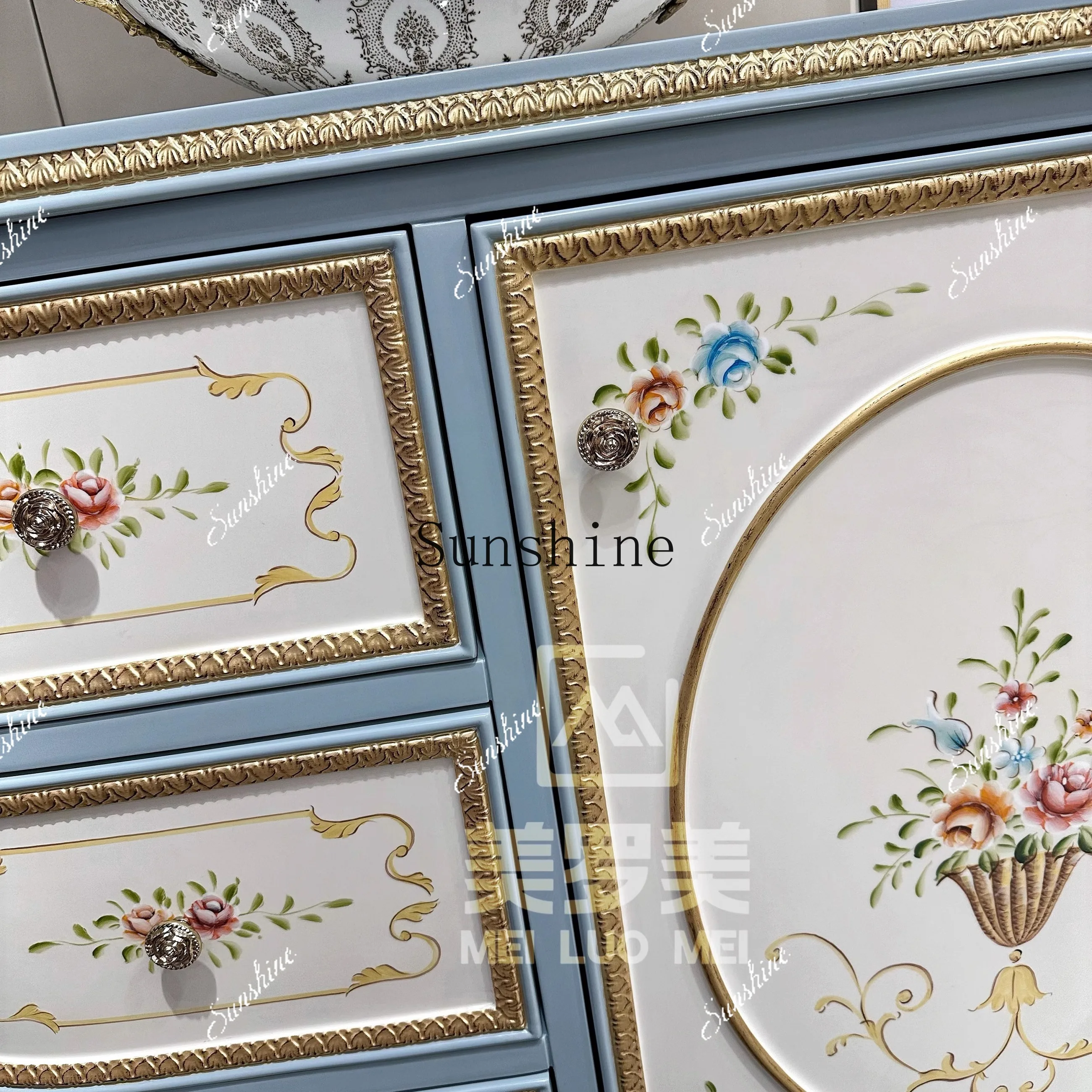 

French court solid wood dining side retro luxury villa entrance painted flower bedroom cabinetP
