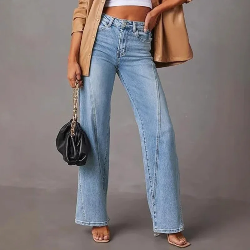 

2024, модные лоскутные широкие джинсы, женские свободные расклешенные джинсовые брюки со средней талией, женские пригородные брюки, повседневная уличная одежда