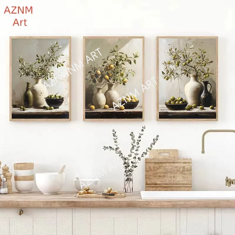 Vintage Still Life Poster Prints Lemon Olive Tree Plants in Vase Wall Art Canvas Painting Botanical Antique Home Room Decor