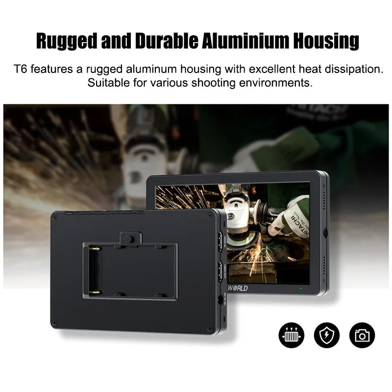 FEELWORLD T6 Monitor video da campo per telecamera HDMI da 6 pollici 4K Custodia in alluminio 1920x1080 IPS DC 8V Out Sony Canon Nikon