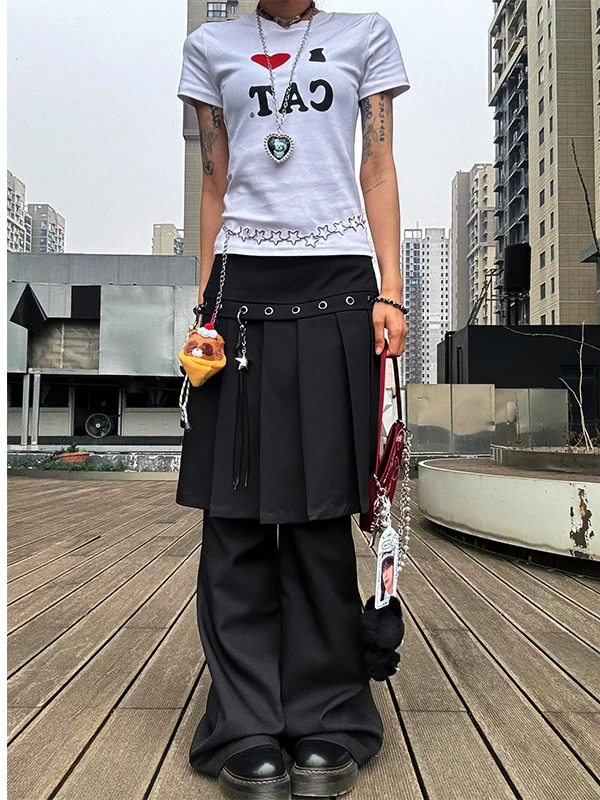 الأمريكية الرجعية حجم كبير المرأة الخريف الشتاء مطوي تنورة السراويل دعوى Bla بنطال ذو قصة أرجل واسعة قطعة واحدة الطبقات ارتداء عادية Tr...