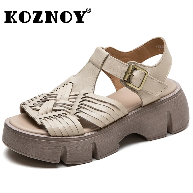 

Koznoy 4.5cm Ethnic Platform Wedge Summer Autumn Shoes Women Cow Genuine Leather Ladies Round Spring Shallow Mary Jane Luxury