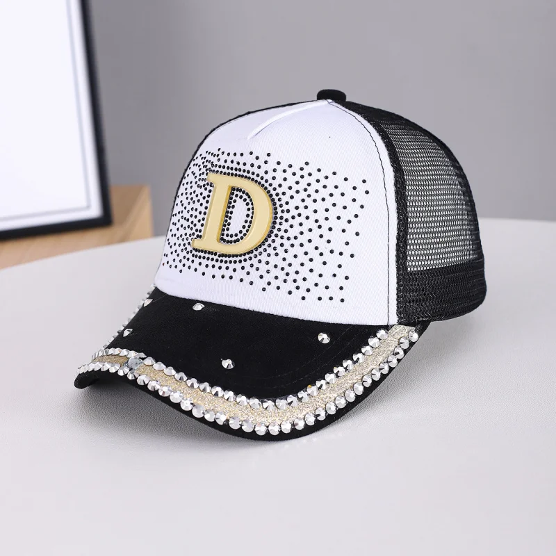 Handmade DIY Letter D Rhinestone Mesh Baseball Cap New Breathable All-match Outdoor Sun Protection Sunscreen Curved Brim Duck To