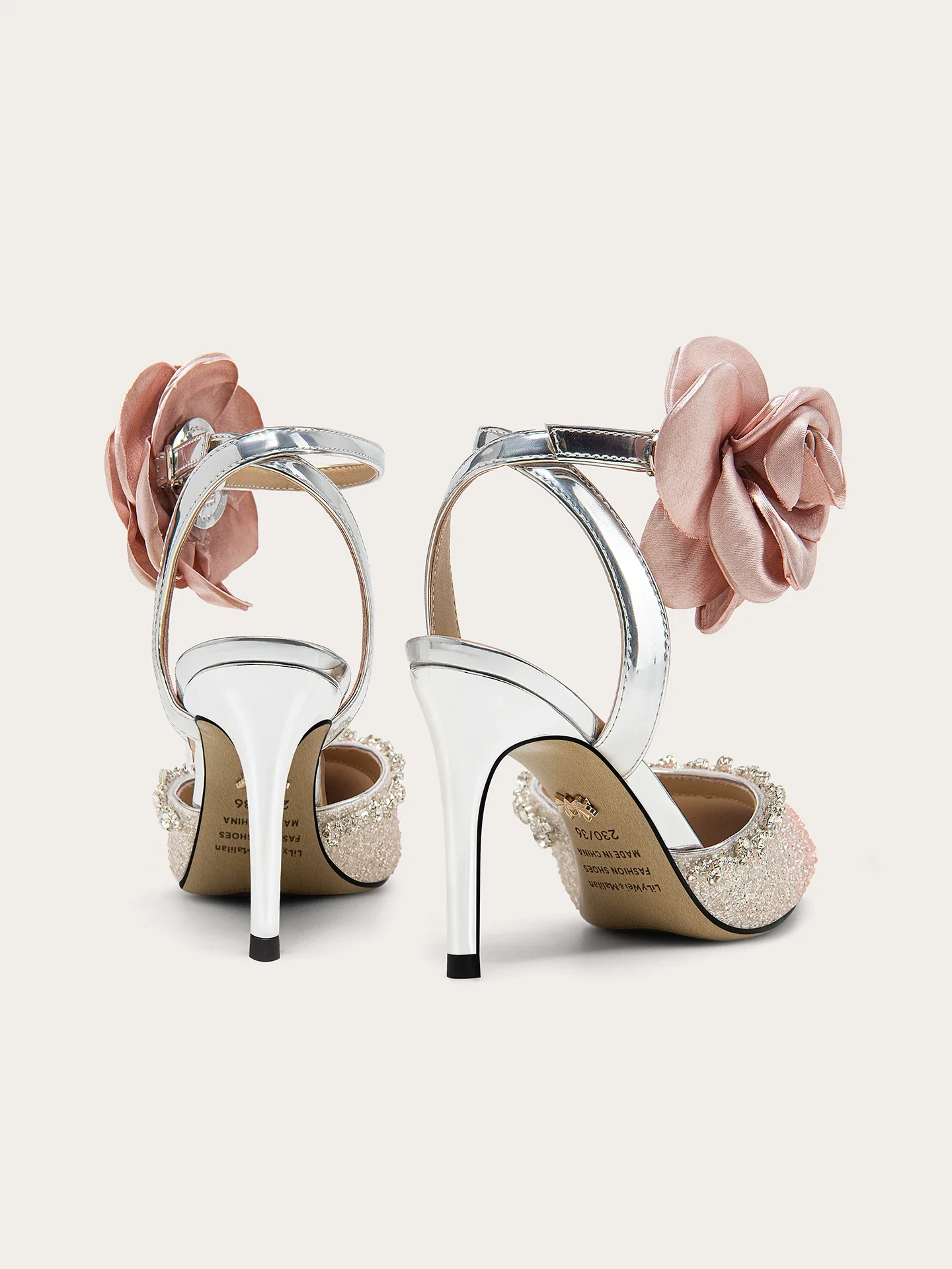 Summer new pointed rhinestone sequin silk flower sandals for banquets, large size small size widened high heels women's shoes
