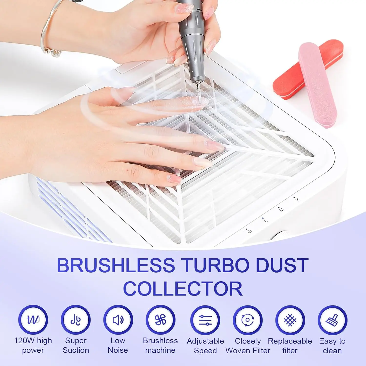 

120W Turbine Brushless Nail Dust Collector Professional Nail Dust Cleaner with Reusable Filter Powerful Suction Extractor Fan