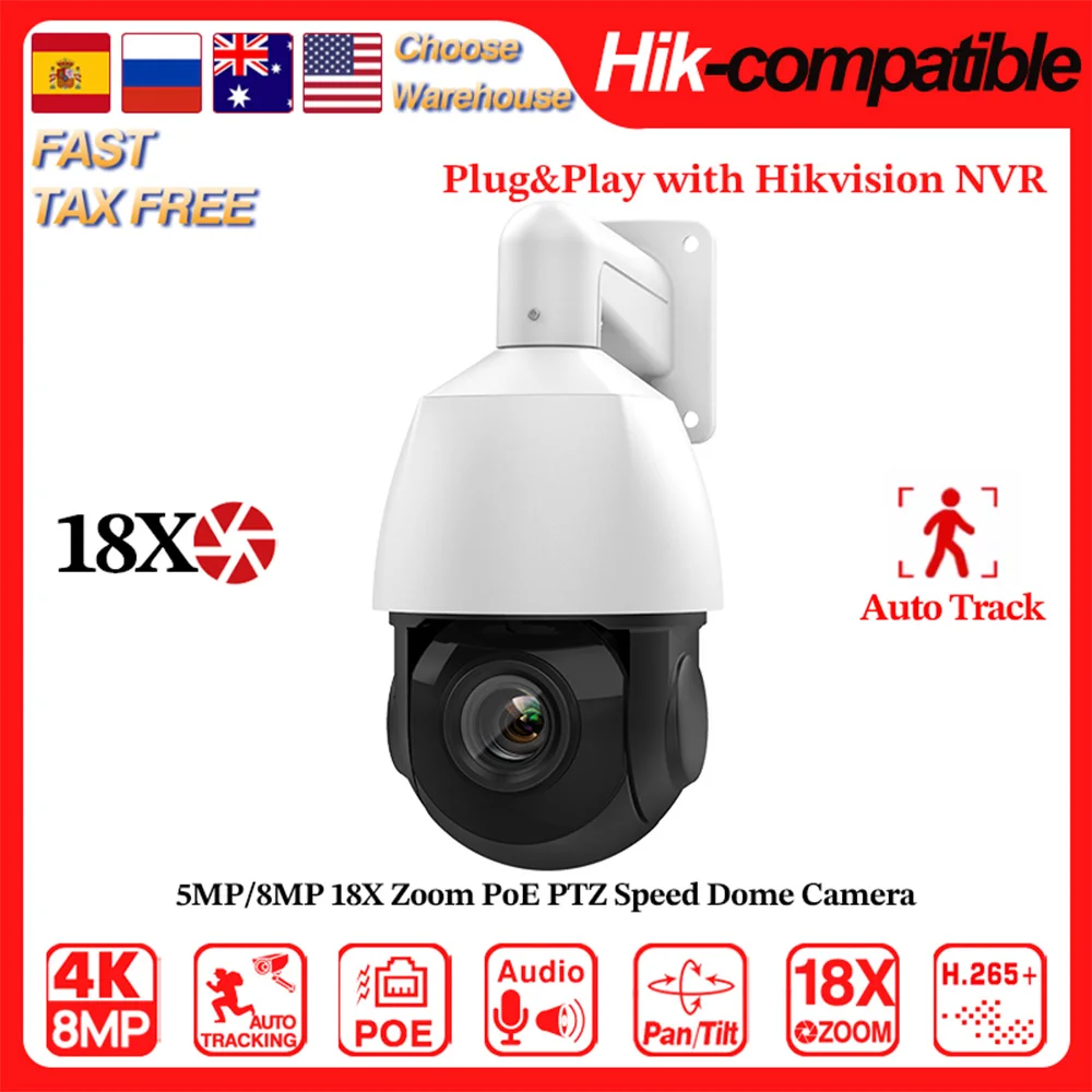 

Hikvision Compatible 8MP 18X Zoom PoE PTZ Network Camera 5MP Speed Dome 100m IR Human Auto Track 2-Way Audio IP66 H.265+ ONVIF