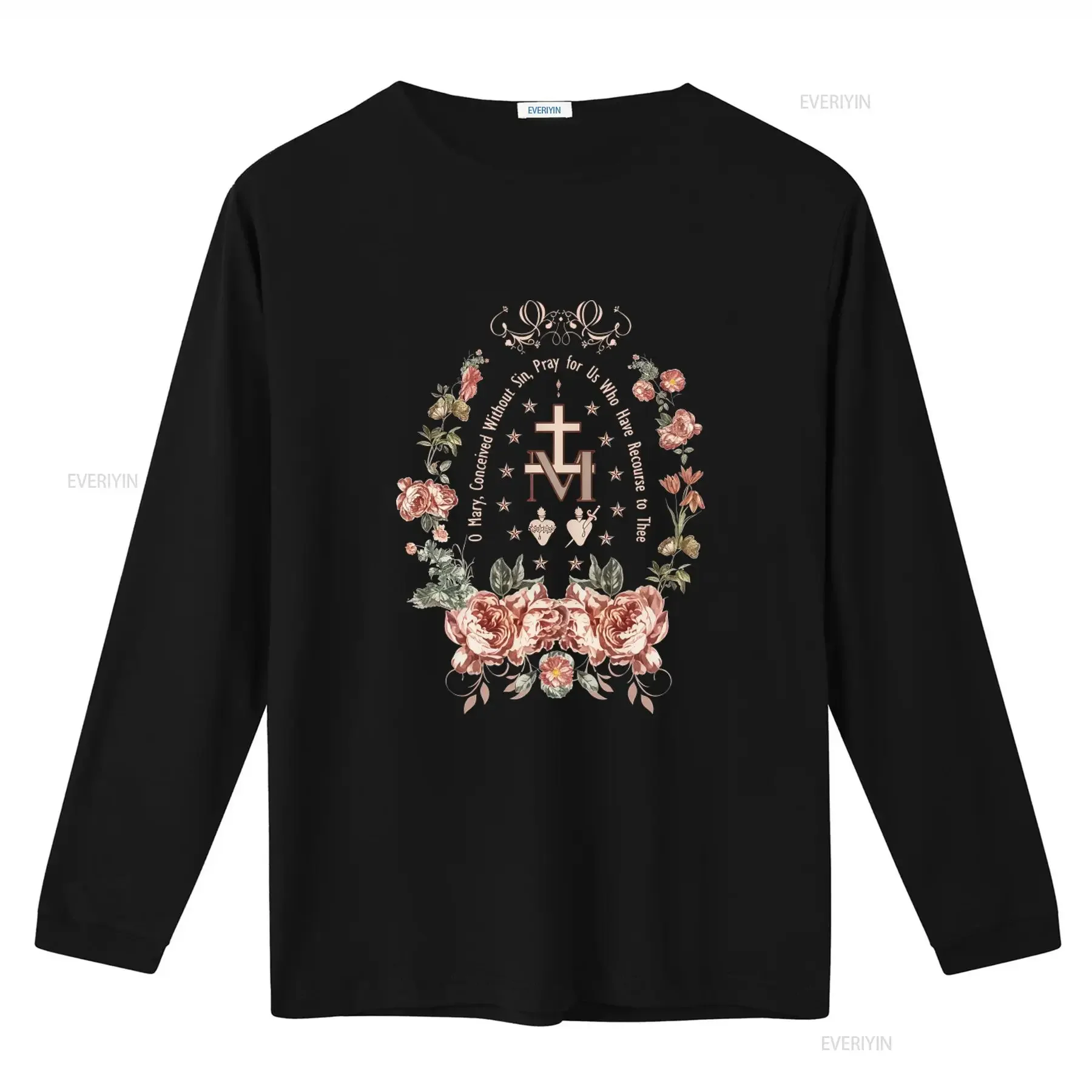 Marian Catholic T Shirt for Women Virgin Mary Cross Floral Religious Design with Pray Us Who Have Recourse to Thee Motif