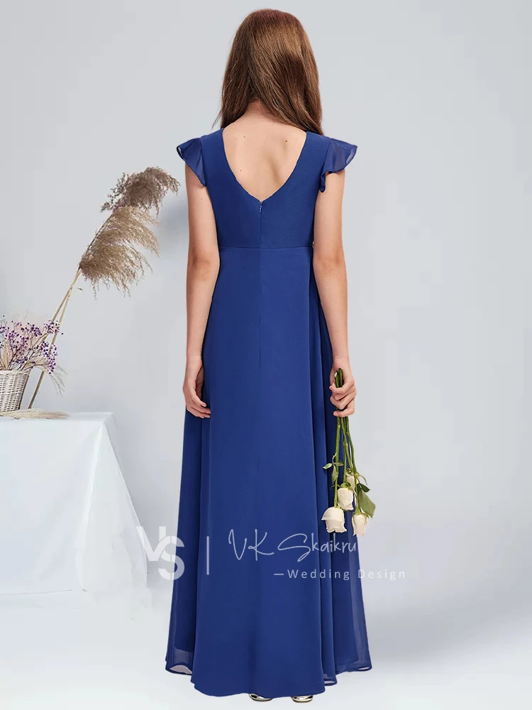 A linha colher até o chão chiffon júnior vestido de dama de honra longo vestido de menina de flor festa para casamento crianças vestido de comunhão júnior