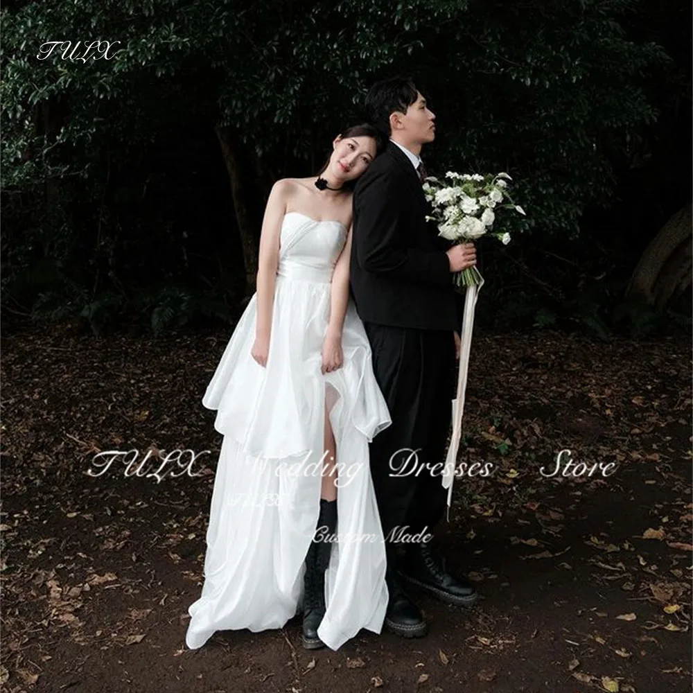 

TULX Sexy Strapless A-line Taffeta Wedding Dresses Korea Photo Shoot Split Tiered Floor Length Bridal Gown Corset Back Plus Size