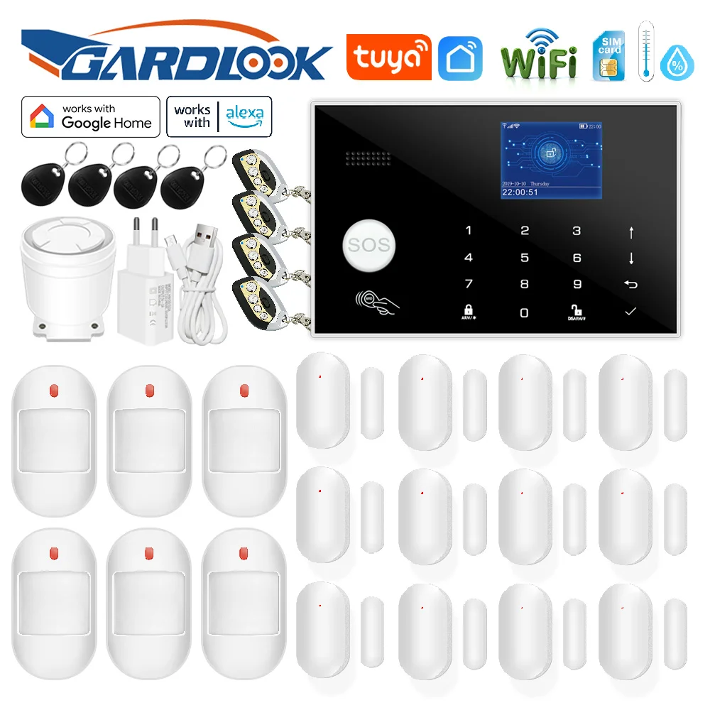 Tuya WiFi GSM 433MHz Security Alarm 2.4 inch TFT Home Burglar Alarm  System Kit Works With Alexa Google APP Remote Control