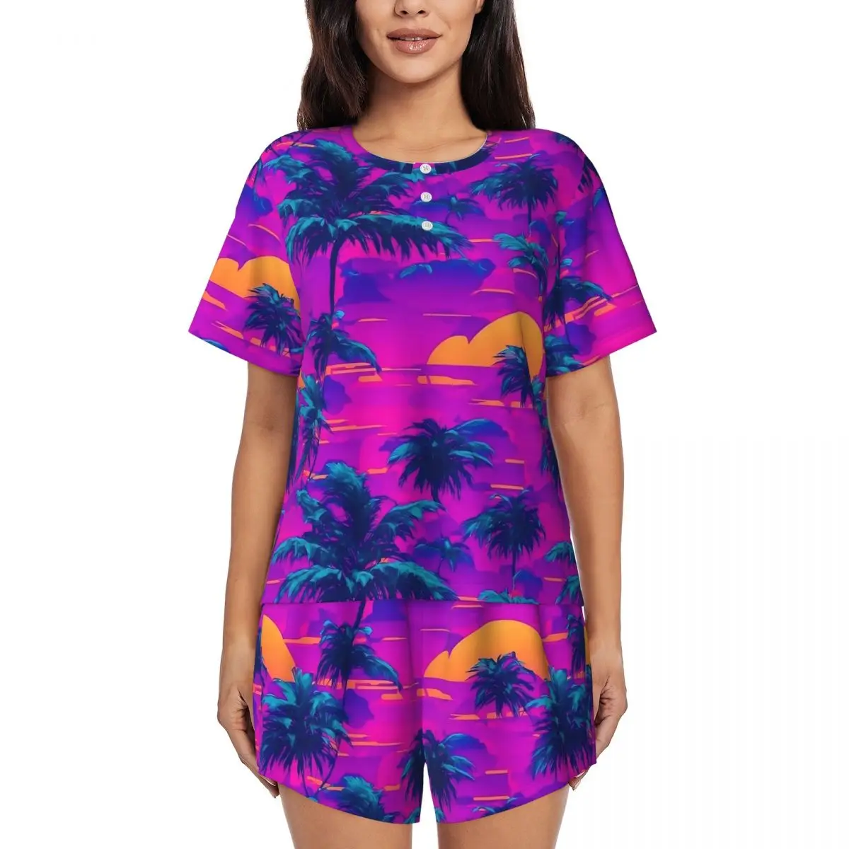 

Пижамы Palm Trees фиолетового цвета с короткими рукавами и закатом, элегантный пижамный комплект из 2 предметов, повседневная летняя одежда для сна на заказ, идея подарка
