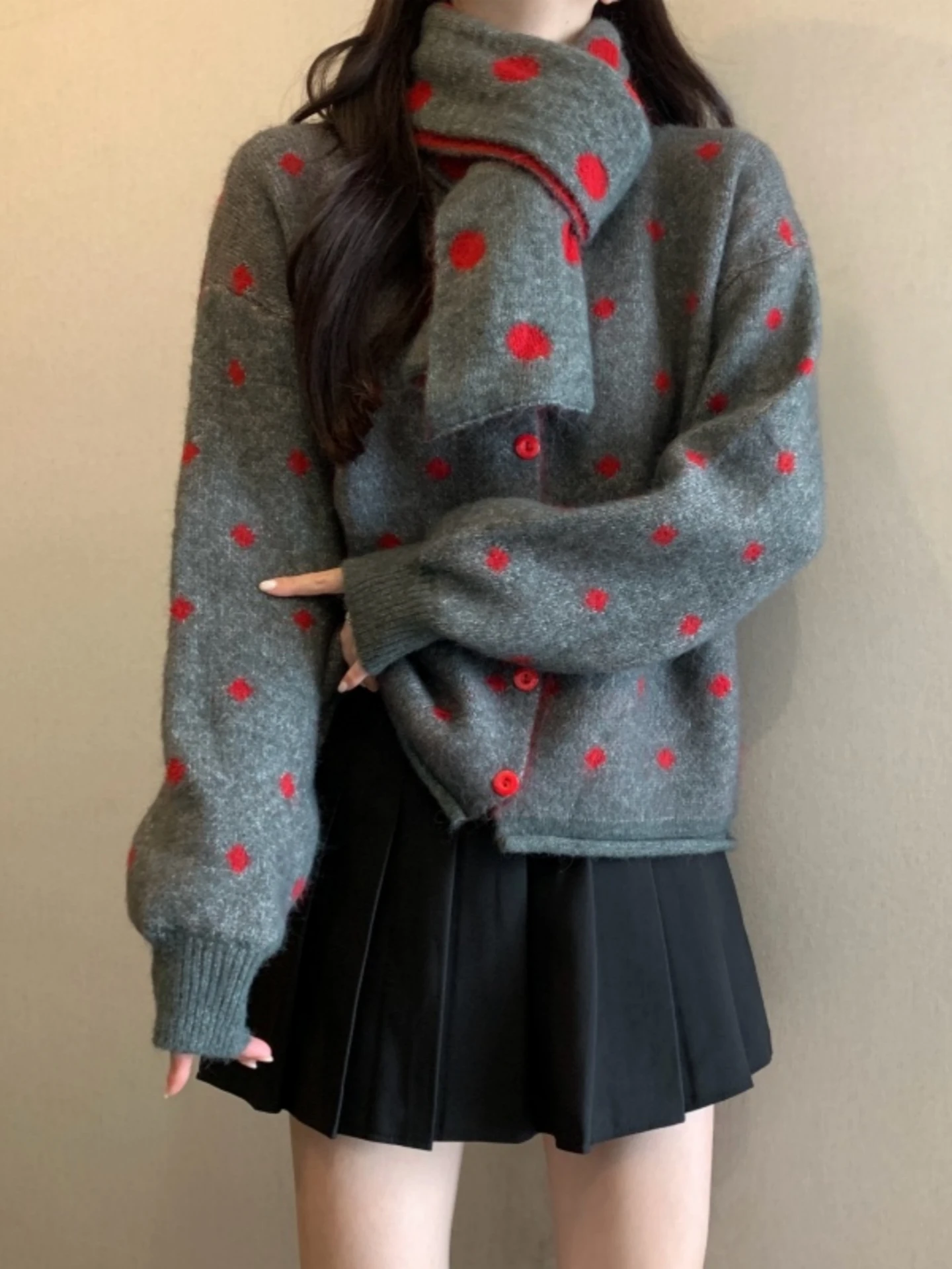 

Spring Autumn Knitted Cardigan Sweater Coat Women plus Size Short Polka Dot Top with Scarf Large Button Casual Comfortable