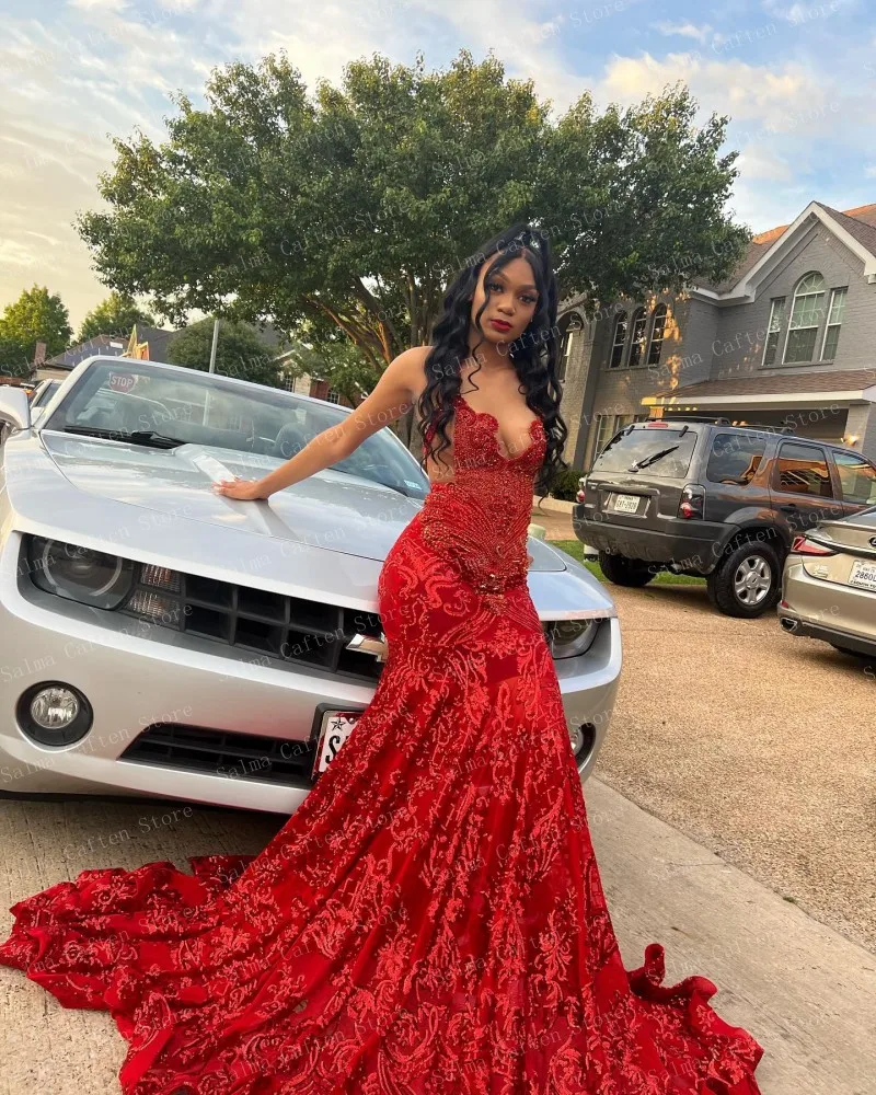 High End Red Wedding Dress Appliques Crystals Beaded Mermaid Dresses Ruffled Long Sweep Train Custom Made Prom Gown Luxury Gown