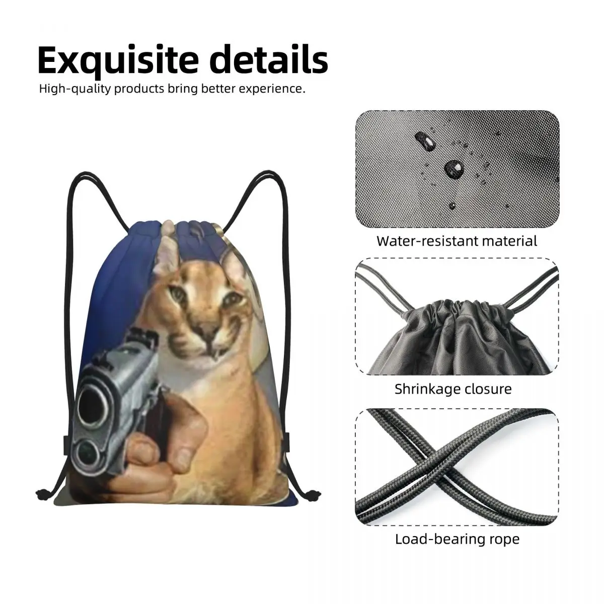 Big Floppa Gangsta Cat Drawstring Backpack Sports Gym Bag for Women Men Training Sackpack