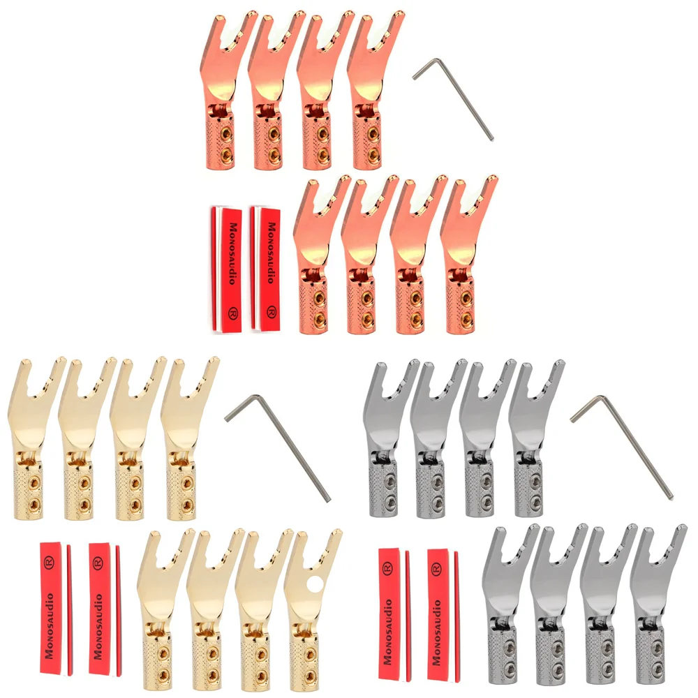 

New 8pcs Y Spade Connector Set w/Wrench - Pure Copper Rhodium & Gold Plated Fork Speaker Plug Kit for HiFi Audio