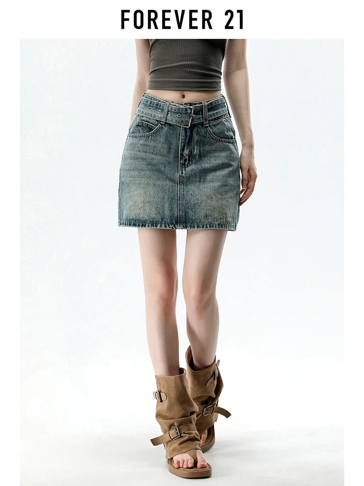Saia Jeans Azul Retrô Americana Forever 21 Feminina de Verão, Modelo A-Line Curta, Sexy, em Algodão e Poliéster