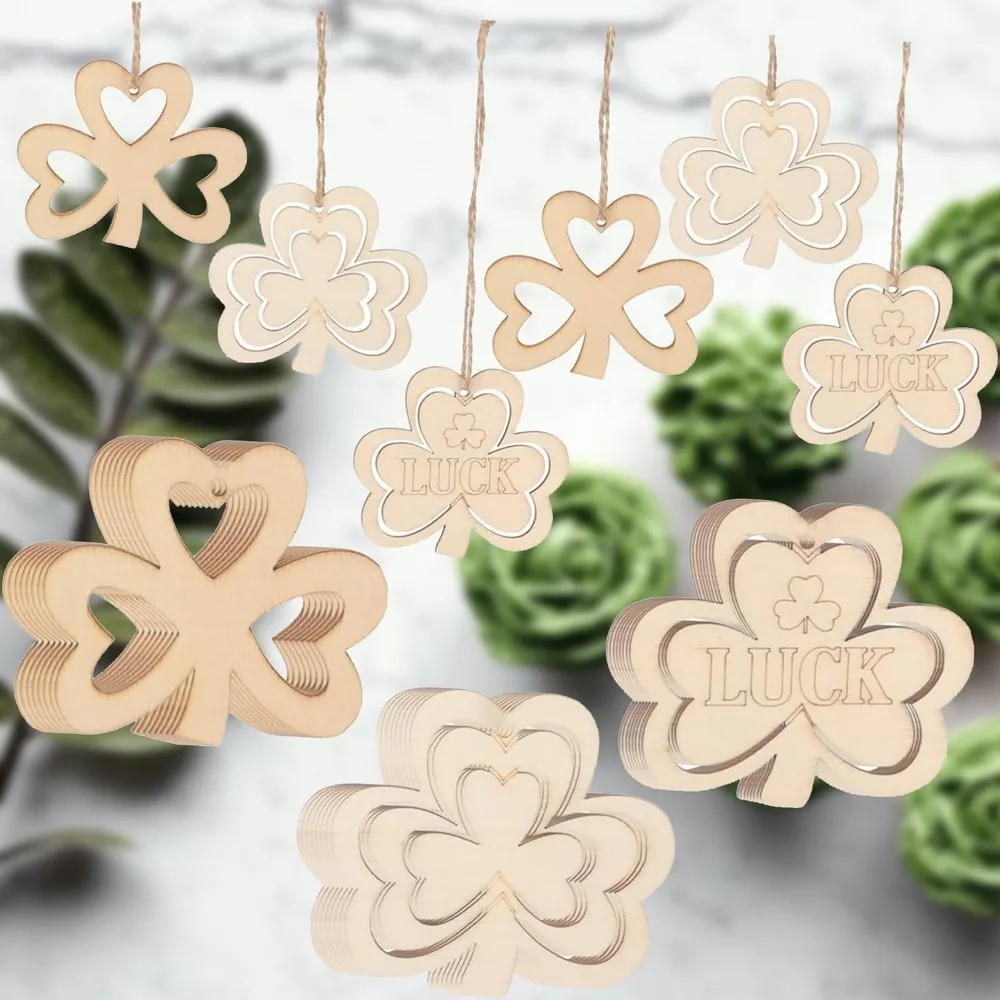St. Patrick's Day Clover Wooden Hanging Ornament, Unfinished DIY Craft Decor, Party Favor & Holiday Garland Decoration