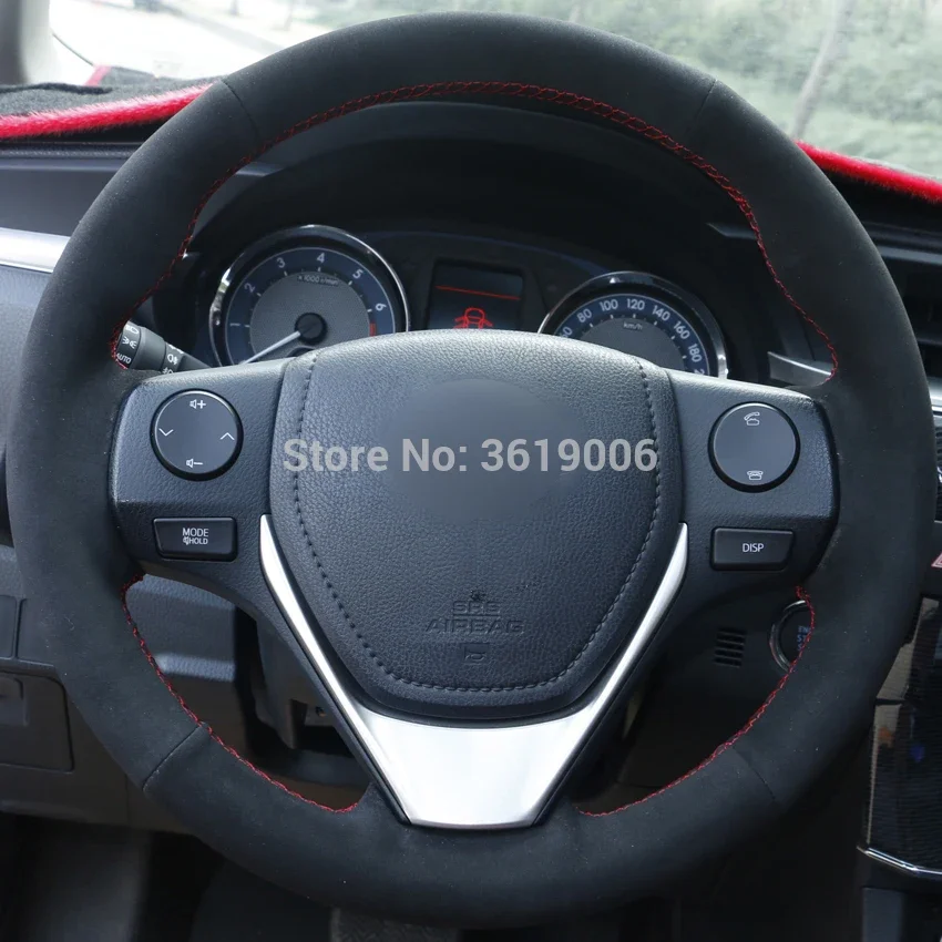 For 2013 Toyota RAV4 2014 Toyota Corolla Hand-stitched Anti-Slip Black Suede Red Thread DIY Steering Wheel Cover