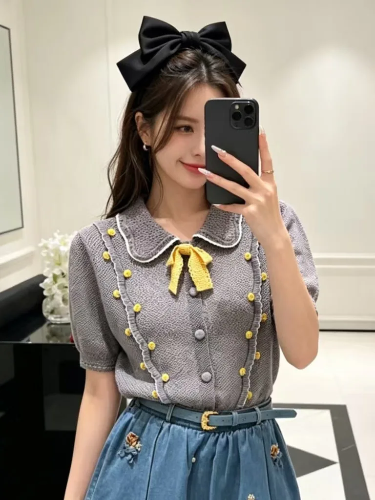 

Elegant European Style Short Sleeve Knitted Cardigan Women's Sweet Knot Hollow out Top Summer Floral Embellished
