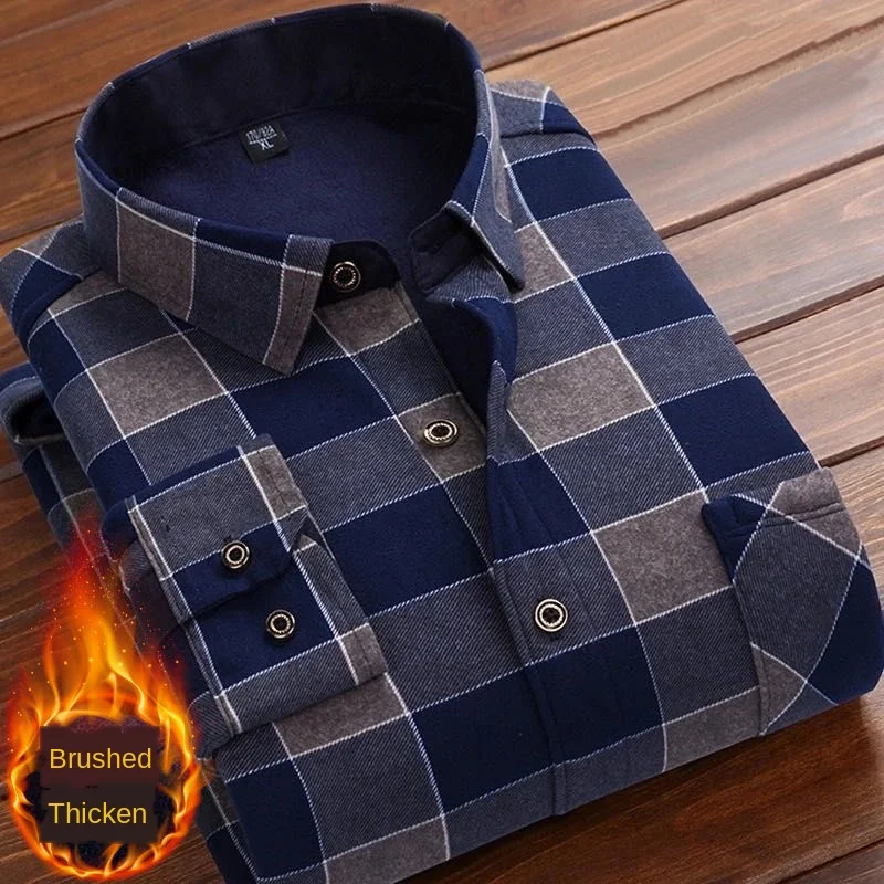 Formal Shirt For Men 2020 Long Sleeve Fleece Warm Plaid Oversized Plaid Collar Shirt Winter Velvet Clothing warm Plaid shirt