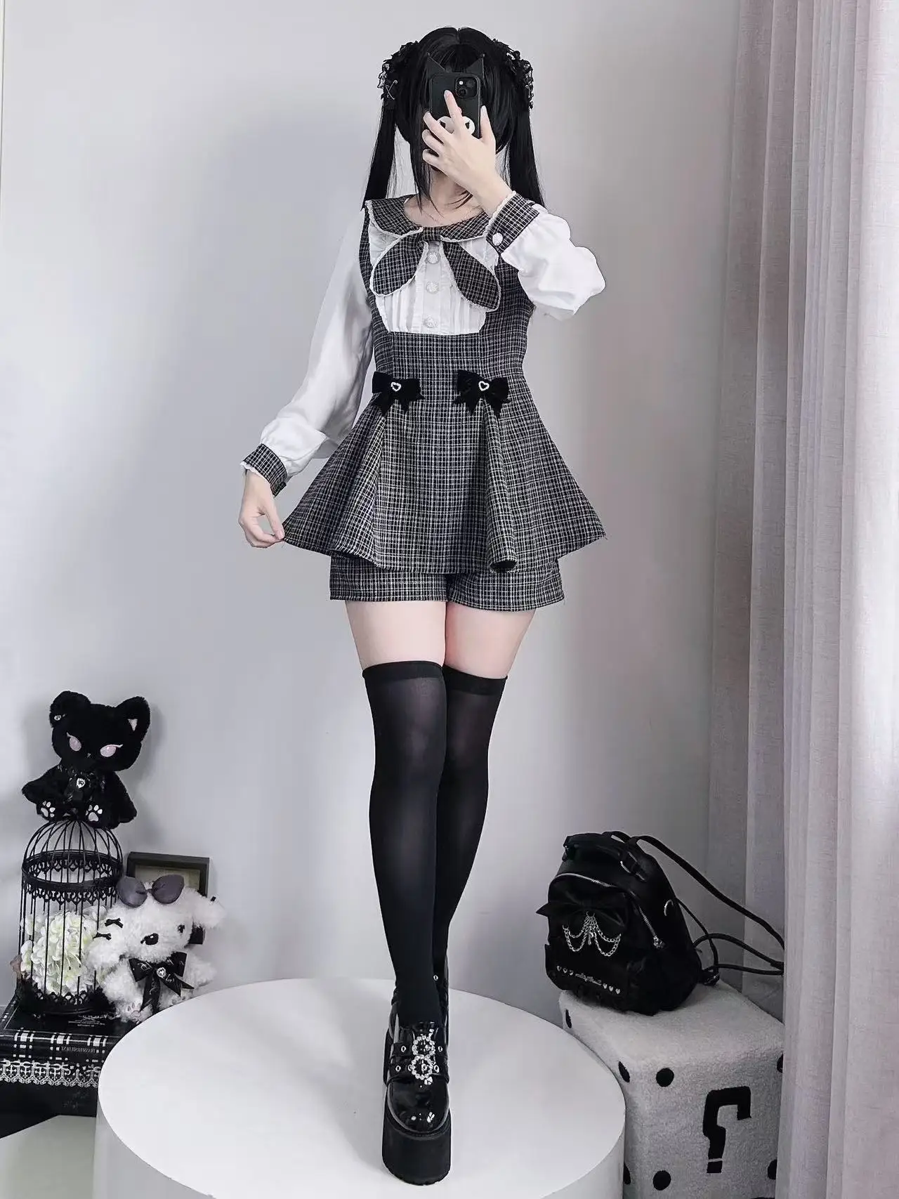 Original Japanese Mass-produced Mine Long Sleeve Dress + Shorts Set Womens Sweet Bow Princess Lolita Shirts Tops +Shorts Sets