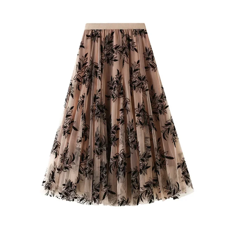 Women's Flocking Printed Chiffon Skirt in Autumn and Winter, Long A-line Large Swing Floral Mesh Skirt Suitable for All Seasons