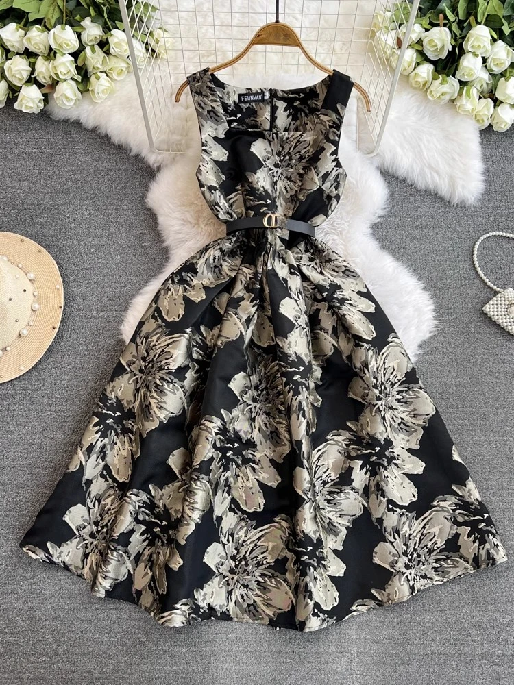 

Jacquard Floral Elegant Women Dress with Sashes Sleeveless Square Neck Vintage Clothing Lady Business Streetwear Party