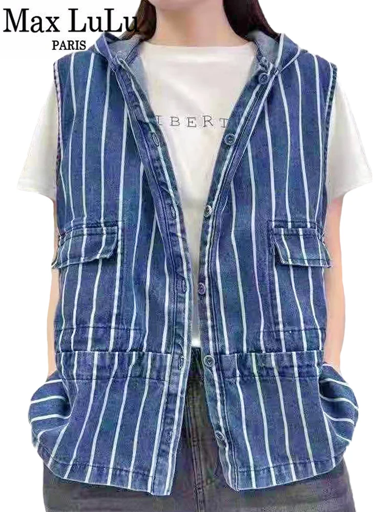 Max LuLu Casual Streetwear 2022 Fashion Korean Style Ladies Hooded Denim Jackets Sleeveless Outerwear Womens Striped Vest Coat