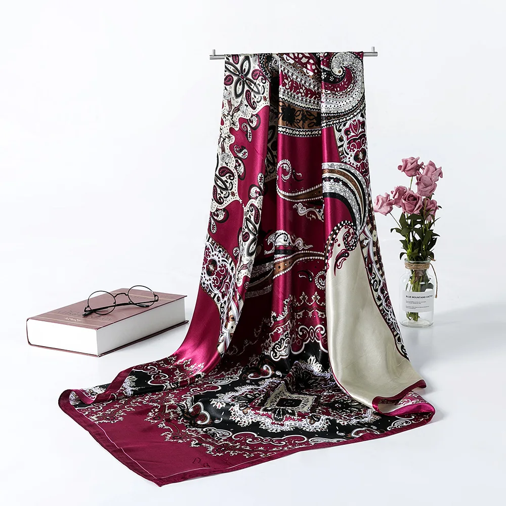 Foulard Carré de Luxe à Fleurs de Cajou pour Femme, 90cm, Bandana, Hijab, Bande Ronde pour Sauna, Cadeau de Noël et de Mariage