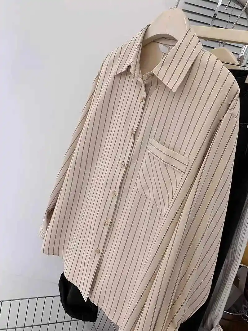 Полосатая женская рубашка во французском стиле, весенний свободный универсальный топ с длинными рукавами, высококачественный повседневный кардиган для поездок на работу