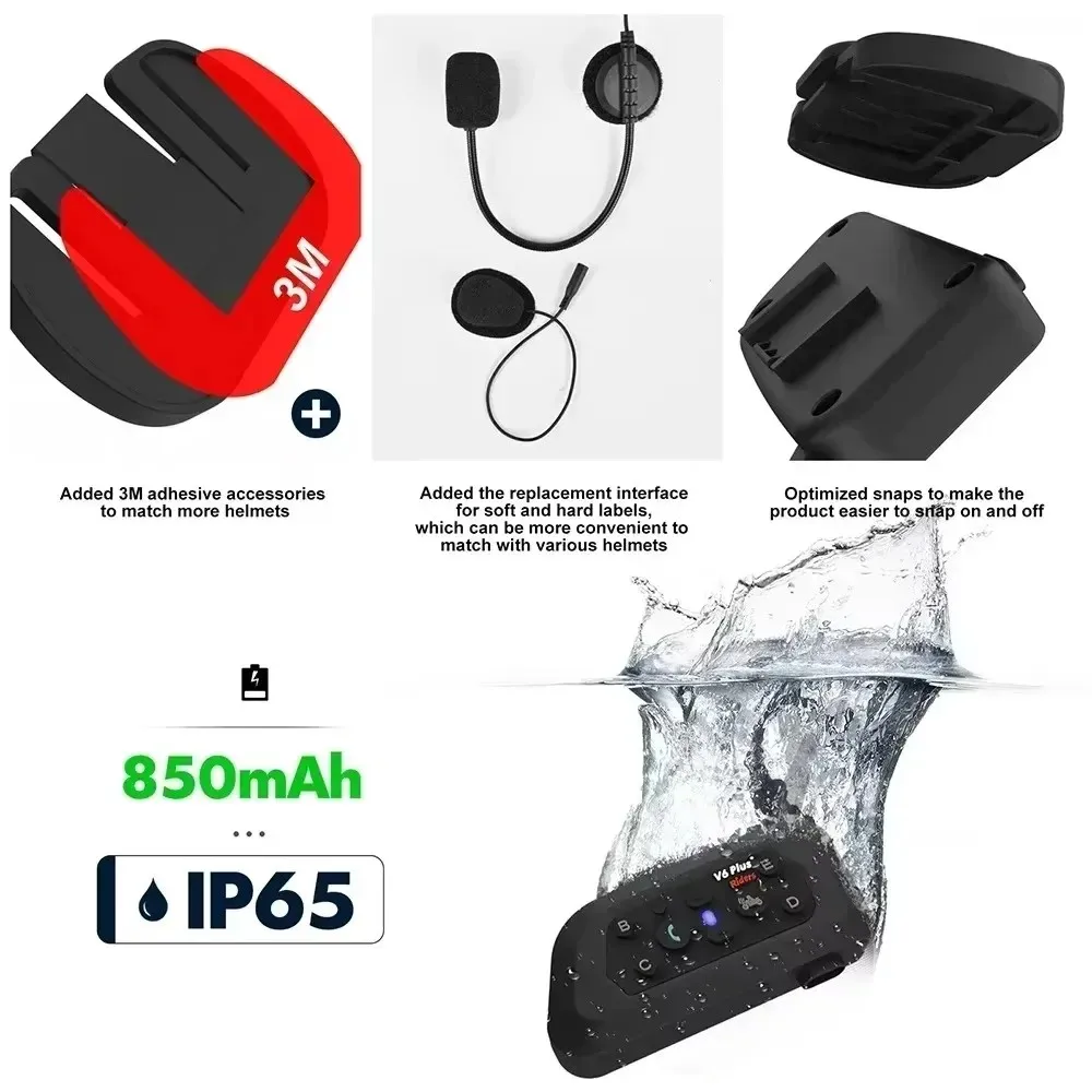 V6 PLUS Motorrad Bluetooth Helm Headset Wireless Intercom Fahrer 1500m Helm Headset Wasserdicht 850mAh Interphone Headset