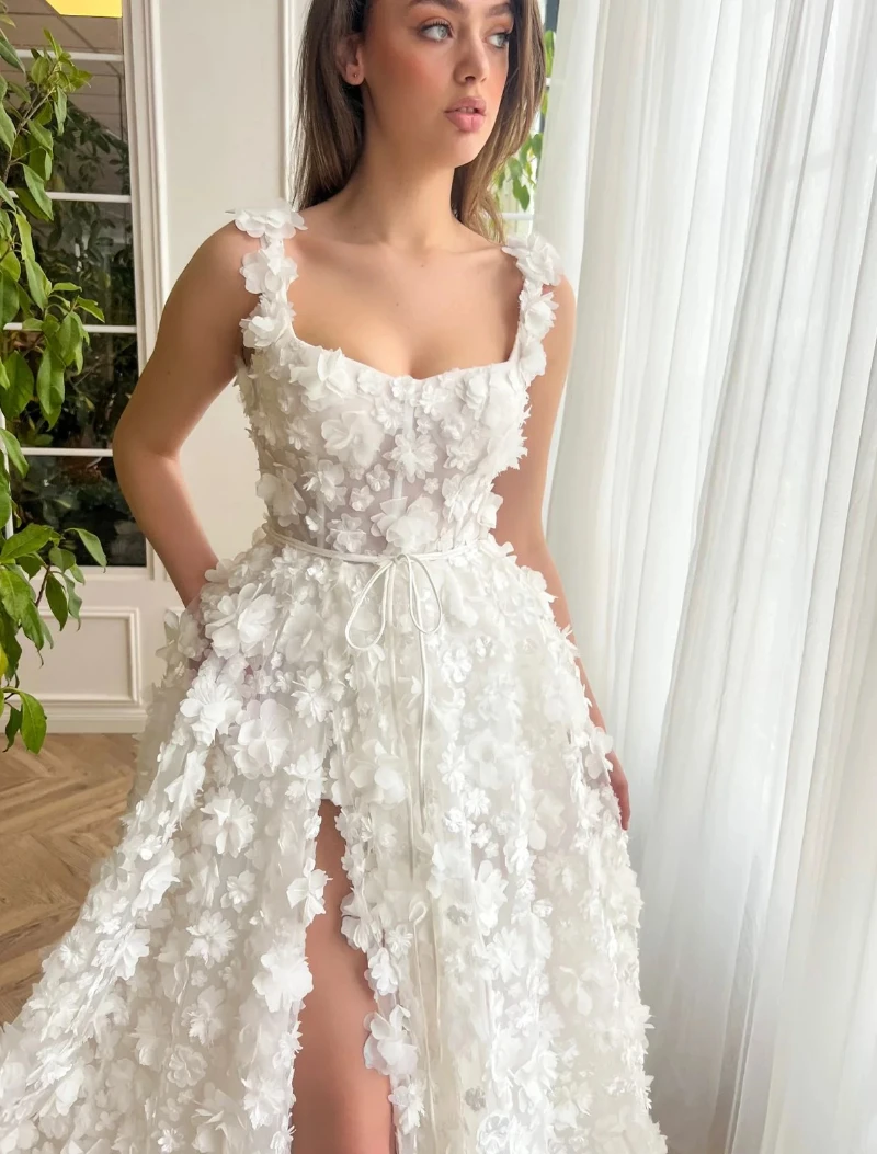 18112#Romantic A-line White Fairy Flower Wedding Dress Appliques Lace Bride Dresses Evening Party Gown for Women Robe De Mariée