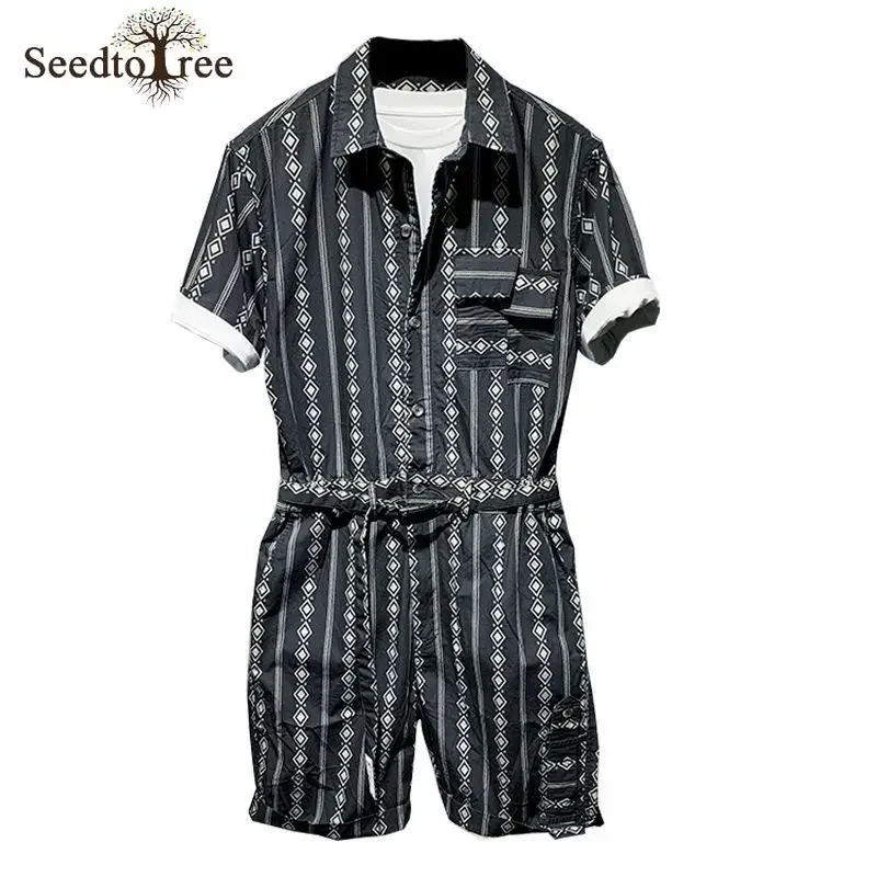 Summer Casual Men\'s Jumpsuit Printed Safari Style Men\'s Sets Single Breasted Lapel Short Sleeved Lace Up Shorts Suit