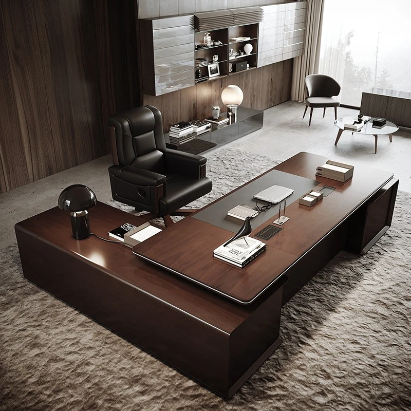 Desk boss table walnut solid wood leather high-end atmosphere