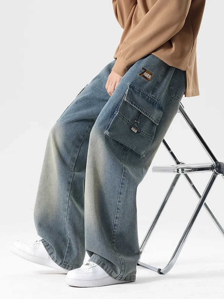 Autumn New Men's Cargo Jeans Big Pocket String Banding Wide Baggy Denim Pants Drawstring Straight Casual Jean Trousers