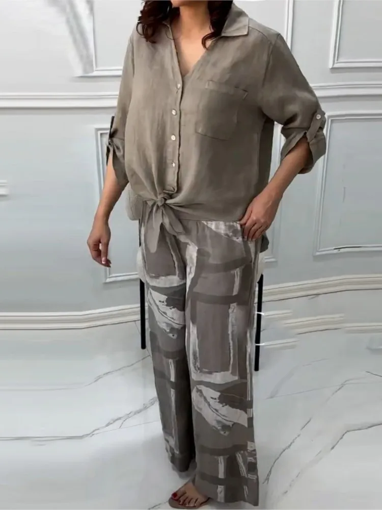 Women Cotton V-neck Two Piece Sets Spring Autumn Casual Long Sleeve Pocket Shirts 2 Piece Set Fashion Loose Wide Leg Pants Suit