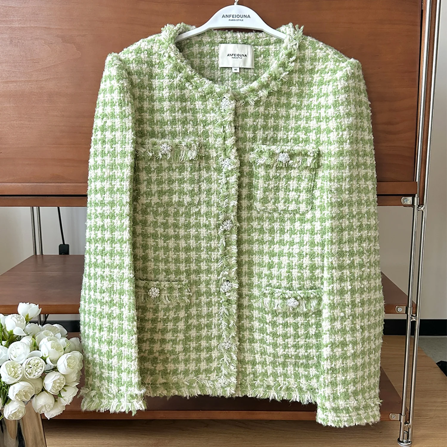 

Anfeiouna French small fragrant green plaid wool tweed beard lace coat high quality luxury niche designer old money style