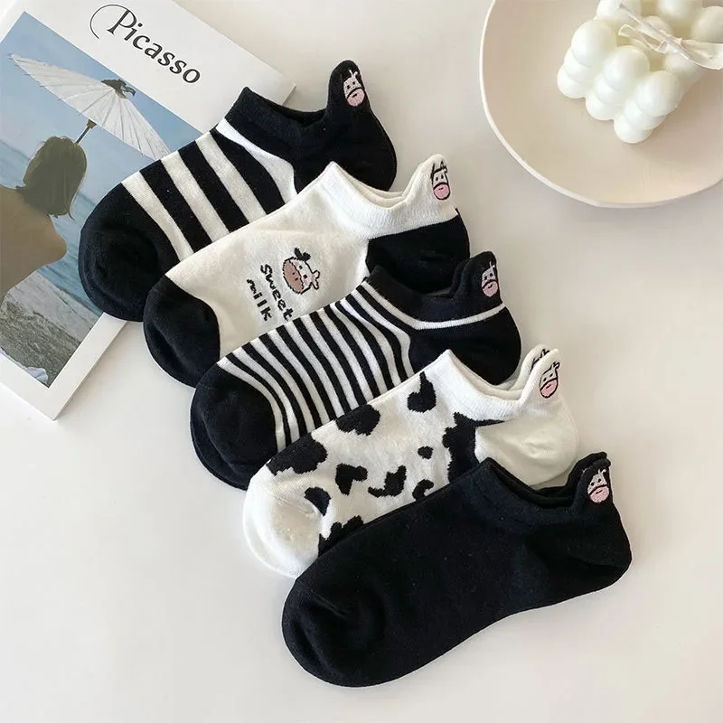 

5 Pairs Women Socks Four Seasons Cow Print Cartoon Sock Harajuku Cotton Short Socks Striped Solid Comfortable Casual Ankle Socks