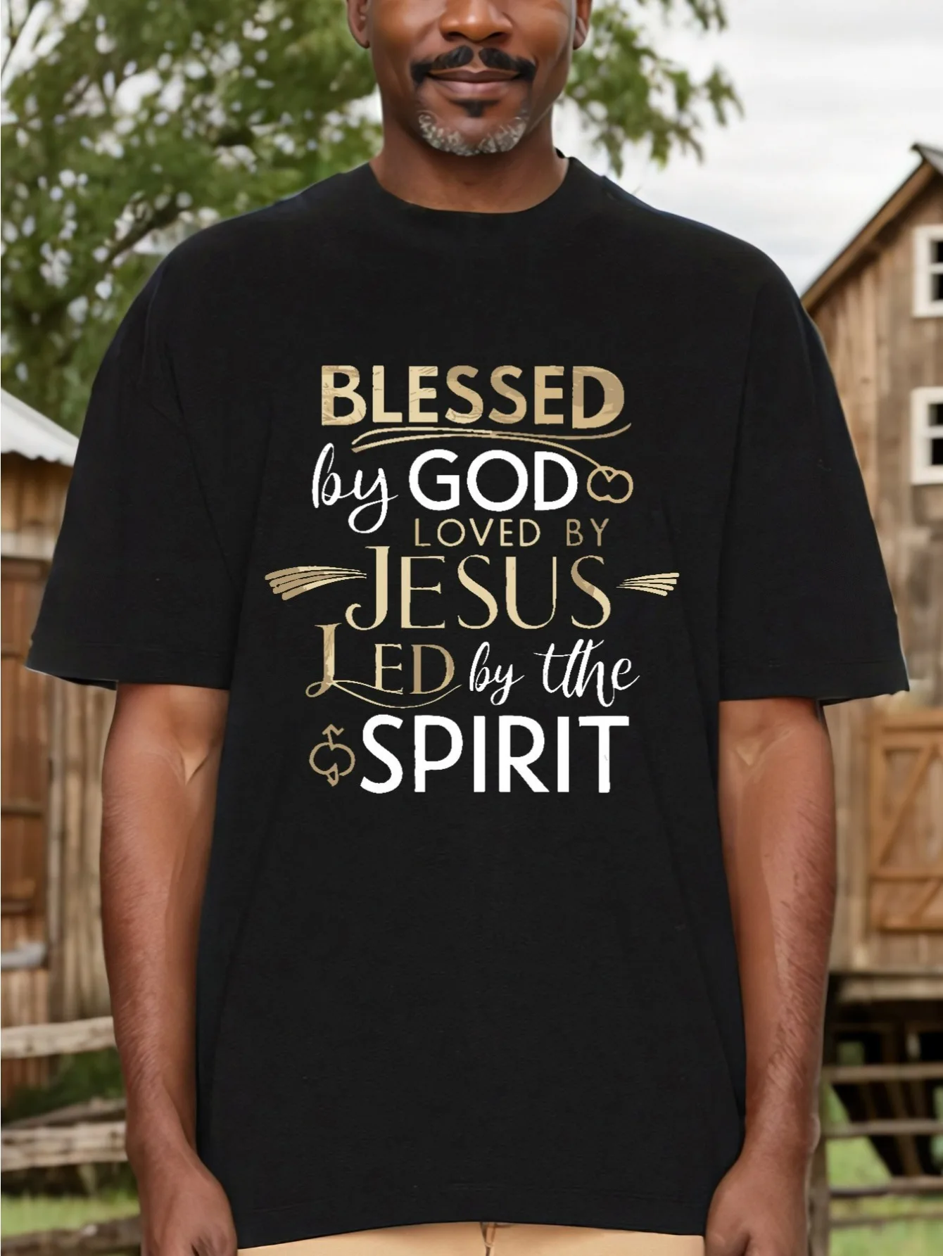 Groot katoenen T-shirt voor heren - "Zegen van God, Liefde van Jezus, Gids van de Heilige Geest" Inspirerende print |   Casual ronde hals