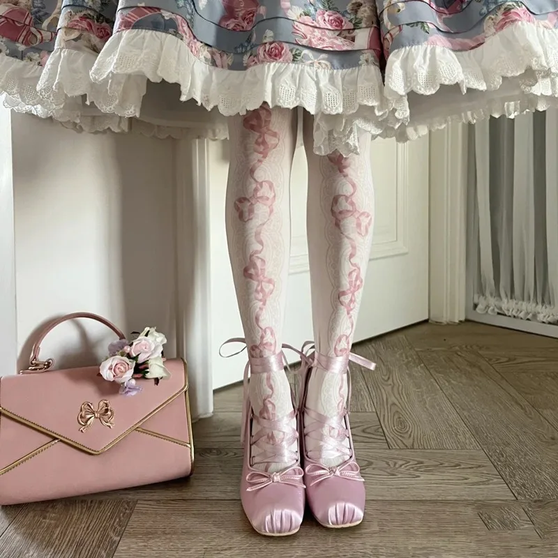 Lolita Pink Bandage High Heels Shoes Maid Cosplay Costumes Silk Fabrics Ballet Style Girl Princess Chunky Heels