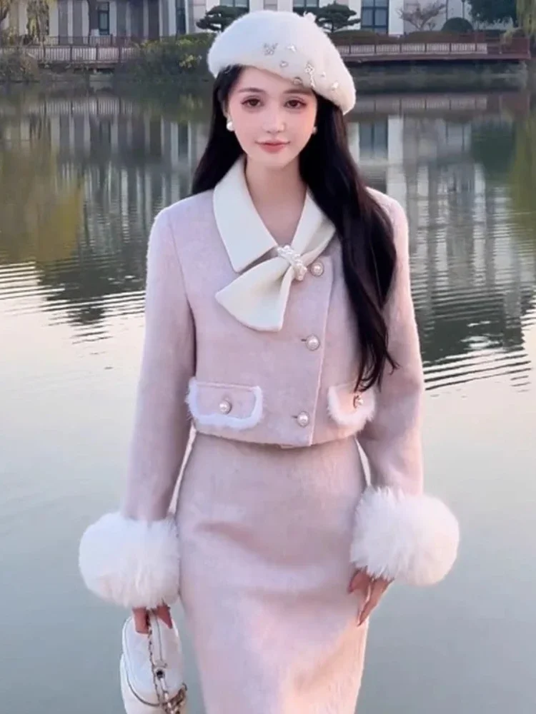 Elegant Pink Woolen Suit Autumn/Winter New Pearl Woolen Sleeve Splicing Short Coat+Split Long Skirt Slimming 2-Piece Set Women