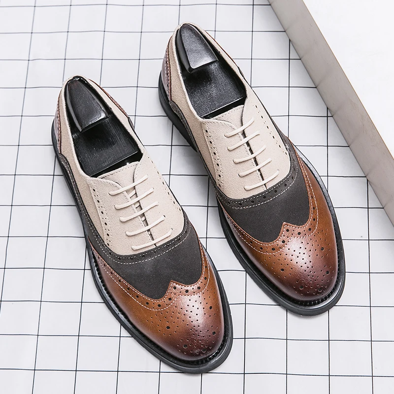 Men\'s Leather Brogues Lace-up Oxford Flat Shoes Men Yellowish-brown Handmade Shoes Casual Leather British Formal Platform Shoes